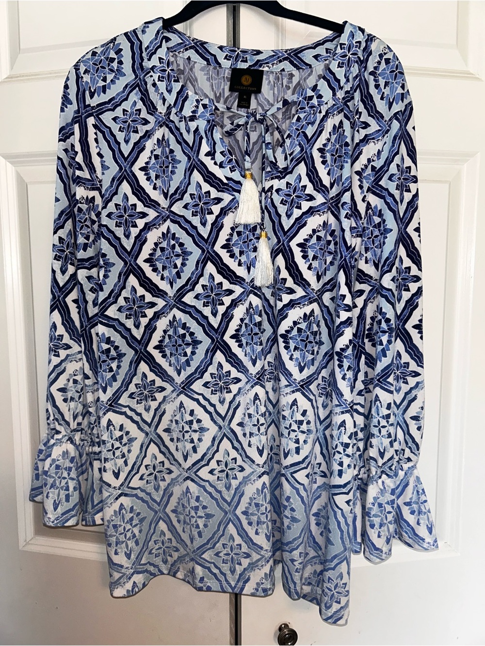 JM Collection Blue and White Medallion Peasant Blouse
